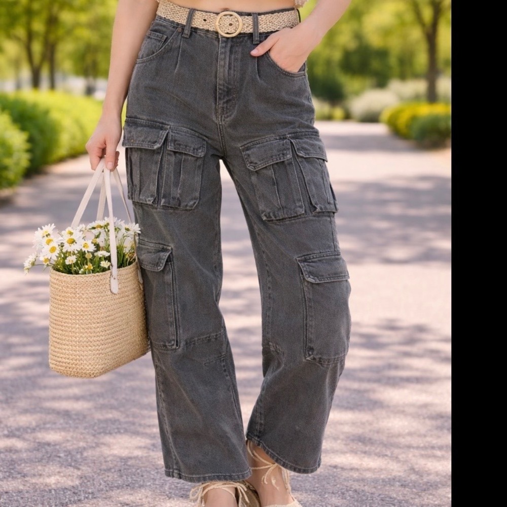 Womens High Waisted‎ Multi Pocket Cargo Jeans Washed Black Relaxed Straight Leg